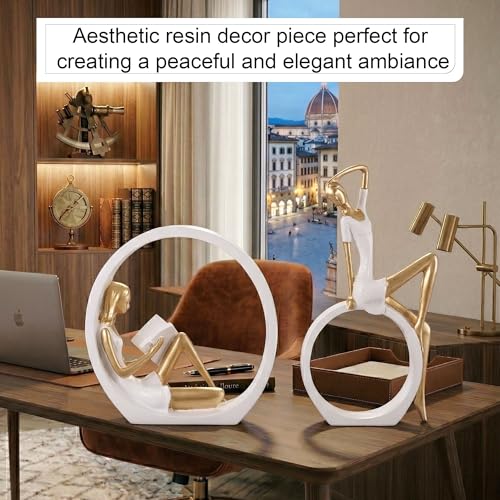 Image of Kuber Industries Resin Sitting Ring Girl Sculpture Idol | Reading Girl Statue Ornaments for Home /Office /Living Room /Table /Bookshelf /Desk | White & Golden