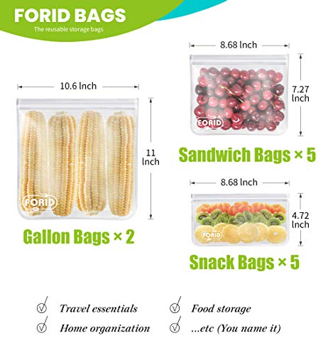 Reusable Storage Bags - 12 Pack Extra Thick Freezer Bags (2 Reusable Gallon Bags & 5 Reusable Sandwich Bags & 5 Reusable Snack Bags) Fda Grade Leakproof Lunch Bag For Food Travel Items Storage #TOP1