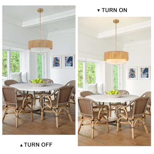 Sinerise 18'' Farmhouse Rattan Chandeliers For Dining Room,3-Light Boho Light Fixtures Rattan Pendant Light Fixture With Fabric Shade Drum Chandeliers For Bedroom Dining Room Foyer Kitchen Hallway thumb #2