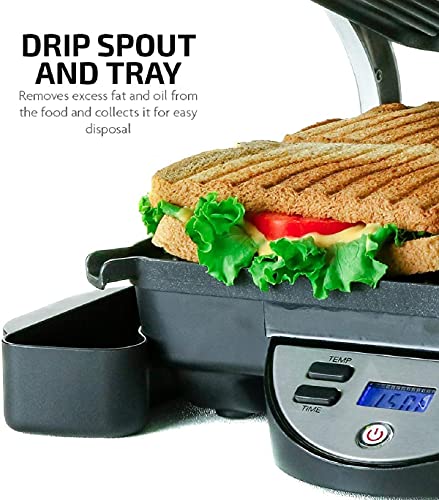 Ovente 4 Slice Electric Indoor Panini Press Grill with Non-Stick Double Flat Cast Iron Cooking Plates 