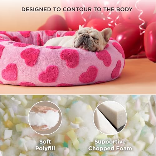Image of Lesure Donut Medium Dog Bed Calming - Round Cat Beds Indoor Valentine's Day Gift for Pets, Orthopedic Washable Cute Home Decor Beds with Jacquard Shaggy Plush & Anti Slip Bottom, 30 Inch, Lover Hearts