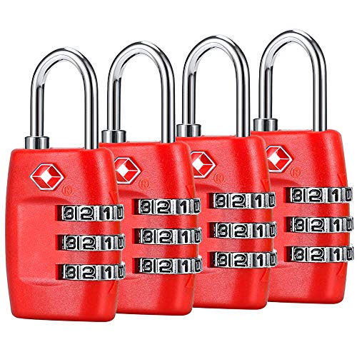 TSA Luggage Locks (4Pack) - 3 Digit Combination Padlocks - Approved Travel Lock for Suitcases & Baggage (Red)