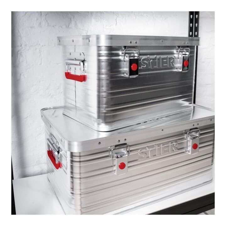 STIER Alubox, Aluminiumbox 30L, Staub- und spritzwasserresistent mit Gummidichtung und 2 Klapphandgriffen, Transportkiste aus verchromten Stahl und stabilen Hebelspannverschlüssen