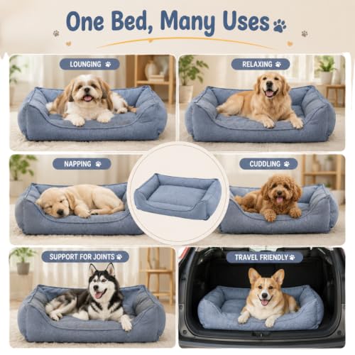 Image of Chambray Dog Bed with Removable Cover, Durable Polyester Fabric, Soft Fiber Cushion, Breathable, Non-Slip Base | Ideal for Small to Medium Dogs, 22x28x7.5 Inch