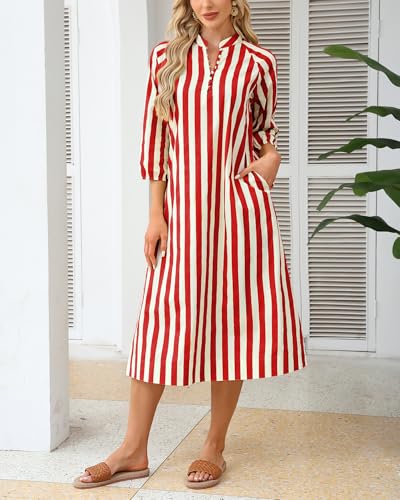 Image of YEXPINE Women Summer Striped Button Down Long Maxi Dress Loose Fit 3 /4 Sleeve Cotton Caftan Shirt Dress with Pocket