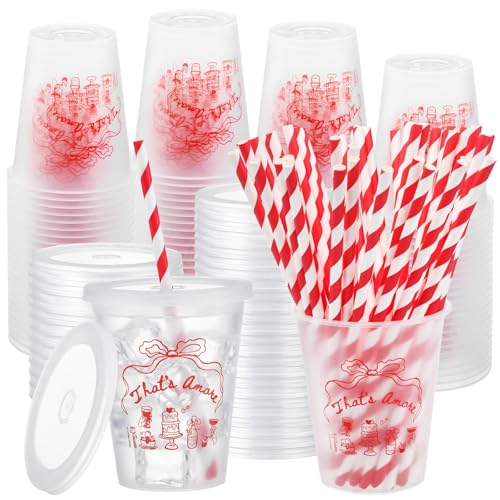 Willinglong 50 Pcs12oz Thats Amore Plastic Cups with Lids Straws Thats Amore Bow Italian Wedding Engagement Party Decoration Italian Theme Party Supplies for Wedding Bridal Bachelorette Shower