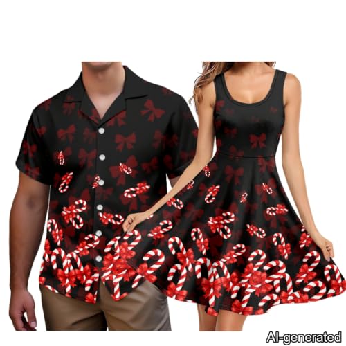 Image of Dreaweet Summer Dresses for Women A-Line Sleeveless Flowy Sun Dresses,Men's Casual Button-Down Shirts,Couple Matching Outfits