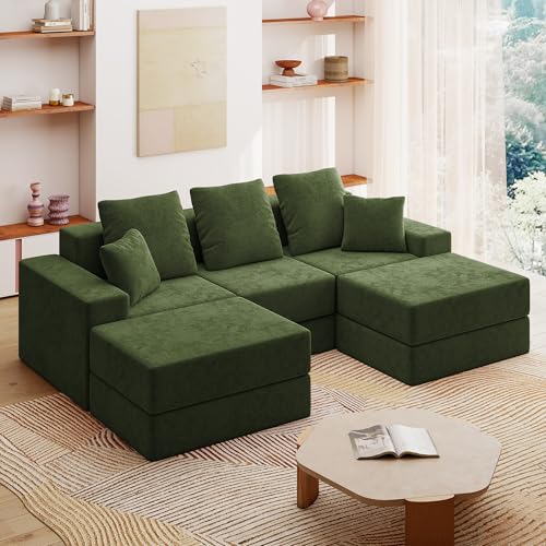 Image of Living&Giving 101 inch U-Shaped Cloud Sectional Couch for Living Room, Cloud Boneless Couch-No Assembly with Reversible Chaise, Customizable 3-Seat Modular Sectional Sofa with 2 Ottoman, Green