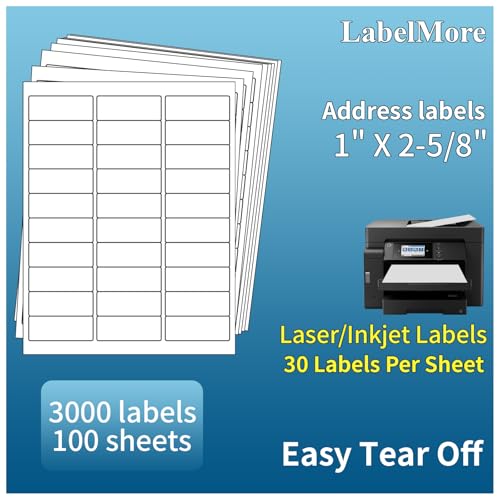 100 Sheets 3000 Labels LabelMore 30 up Labels 1" X 2-5/8" Shipping Labels Self Adhesive for Laser and Inkjet Printers 8.5" x 11" White. image 3