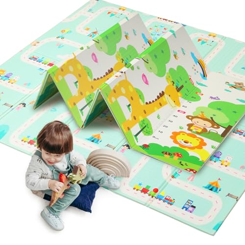 Baby Play Mat, 200×180 cm, Foldable Kids Playmat, Baby Crawling Mat for Toddlers & Infants, Waterproof Reversible Foam Mat, Large Anti- Slip Playpenmat(200 * 180 cm, Rainbow & Track)
