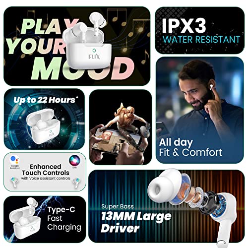 Image of FLiX(Beetel Nitro Buds T20 in-Ear TWS,BT v5.3,Quad Mic & Environmental Noise Cancellation,13MM Super Bass Drivers,40MS Low Latency Gaming,Upto 22Hrs Playtime,IPX3,Voice Assist(White)