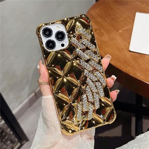 Coque iPhone 15 Pro de Luxe en placage losange pailleté avec chaîne strass chic