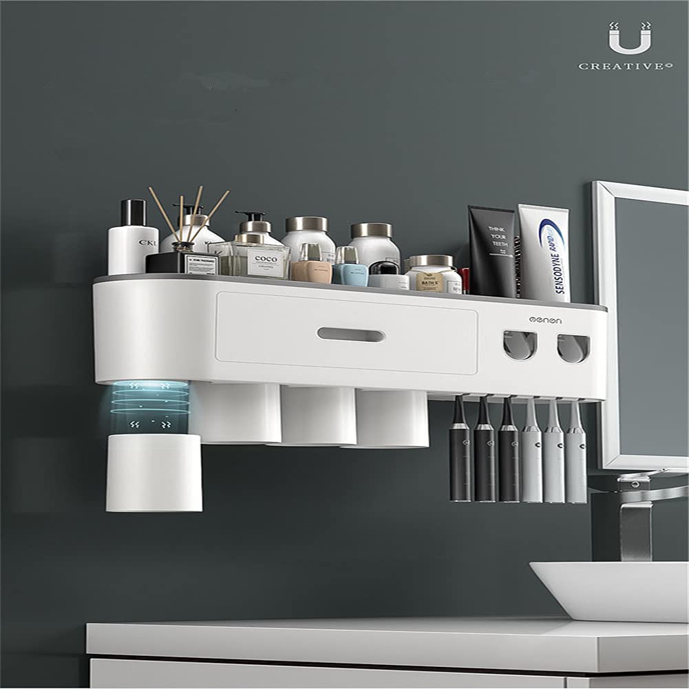 Kit de soporte de cepillo de dientes montado en la pared con doble dispensador automático de pasta de dientes para baño y inodoro, soporte de cepillo de dientes de ducha con taza (gris)