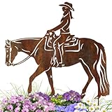 Westernreiter Gartenstecker aus Metall – Rostfigur Pferd mit Reiter 45 cm hoch – Wetterfeste Gartendeko Westernreiten – Edelrost Tierfigur für draußen