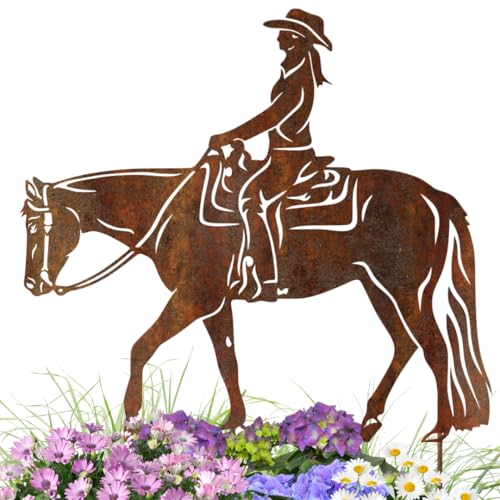 Westernreiter Gartenstecker aus Metall – Rostfigur Pferd mit Reiter...