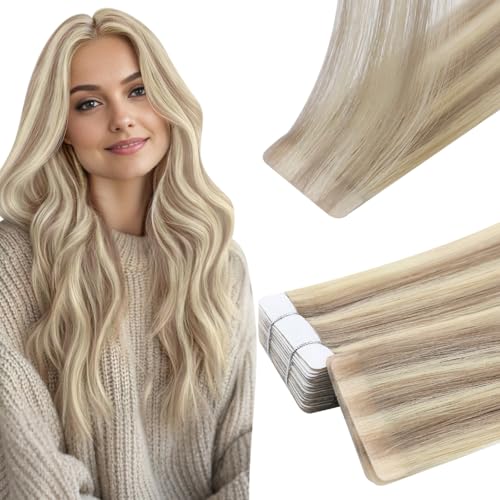 Image of Full Shine Invisible Injection Tape in Hair Extensions Color 18 Ash Blonde and 613 Blonde 20 Inch Seamless Skin Weft Injected Tape ins Extensions Human Hair 50 Grams 20 Pcs for Women Party