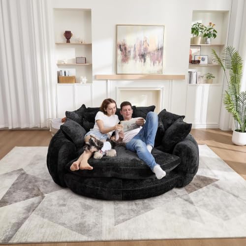 Image of 81 inch Round Sofa Bed Big Bean Bag Round Chaise Lounge Oversized Round Couch Boneless Reading Chair Plush Fluffy Chenille Large Chaise Chair for Living Room, Bedroom, Apartment, Black