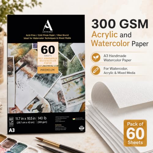 Image of ArtRight Artists' Acrylic Paper (A3 Pack of 60 Sheets, 300 GSM); 300 GSM Handmade Sheets for Gouache & Acrylic Media Papers