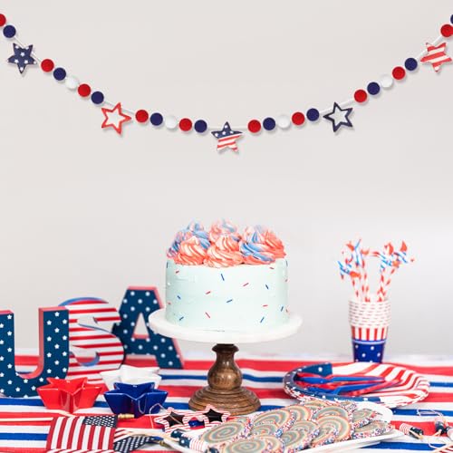 Image of 4th of July Garland with Felt Balls Stars 8.2 FT, Red White and Blue American Flag Colors Beaded Decor, Rustic Patriotic Decor for Shelf Display, Fireplace, Wall (Star)