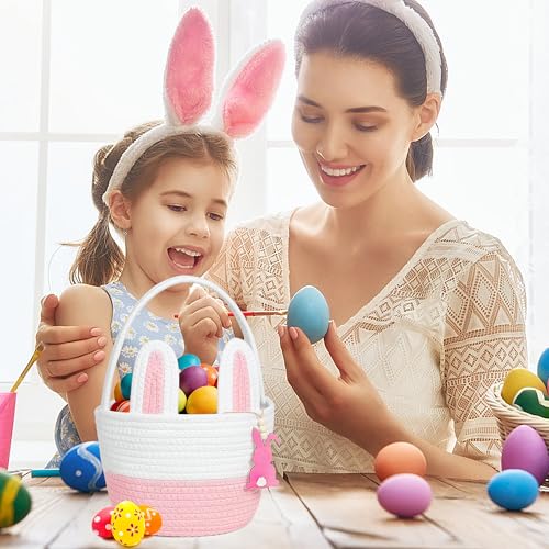 Image of Easter Basket, Bunny Easter Baskets for Kids, Pink & White Baskets with Handle for Gifts Empty, Bunny Egg Hunting, Basket Stuffers Essentials