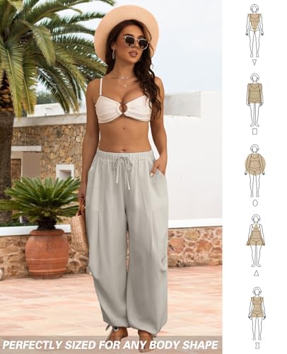 Image of Women's Linen Balloon Barrel Beach Pants Boho Harem Flowy Drawstring Casual Loose Pants with Pockets
