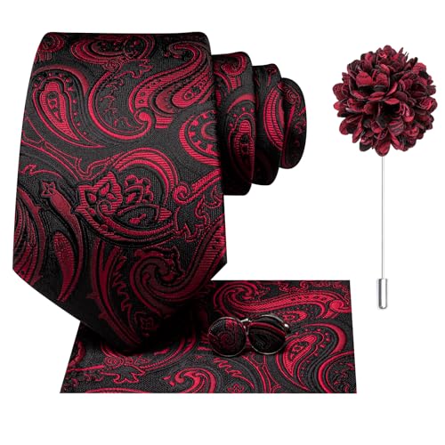 Image of Dubulle Mens Tie and Lapel Pin Paisley Striped Floral Necktie for Men Pocket Square Cufflinks 4PCS Set Wedding Party