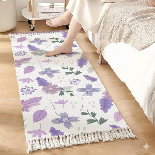 Image of Hand Woven 100% Natural Cotton Export Quality Designer Rug,Carpet, Bed Side Runner for Bedroom,Living Room, Size-2x5 feet or 60 cms x 152 cms (Purple Patta)