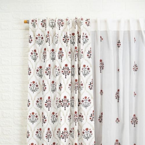 Image of Peepul Tree Pure Cotton and fine Mulmul Curtain Set of 2 Printed and 2 Sheer Curtain | Rust and Maroon | 7 ft | Set of 4 | Royal Courtyards Collection