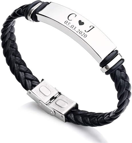 EDSG Pulsera personalizada para hombre, pulsera de cuero grabada, regalo para él, monograma personalizado, cumpleaños, boda, Navidad, Día del Padre