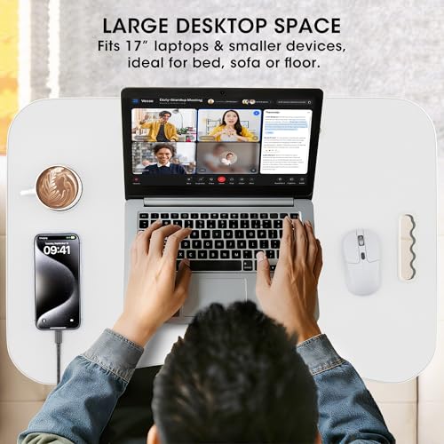 Image of Folding Lap Desk, 23.6 Inch Wood Laptop Bed Desk with Cup Holder, Portable Bed Table for Working Writing Reading, Eating for Bed, Floor, Sofa, Couch - White