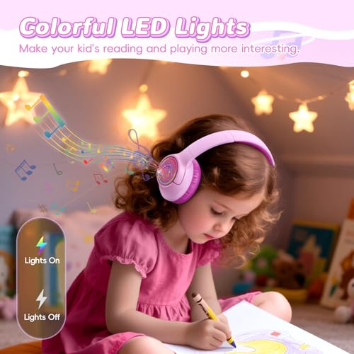 Image of Kids Bluetooth Headphones, 85H Playtime Wireless Headphones for Kids, Colorful LED Lights, 85 /94dB Safe Volume Limit, Bluetooth 5.4 Built-in Mic Toddler Headset for Tablet /Airplane (Fuscia Pink)