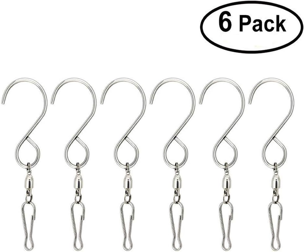 Set of 6 Heavy Duty Swivel Hook Clips for Hanging Wind Spinners Wind Chimes Crystal Twisters Garden Plants Pots, 360 Degree Swivel S Hooks (Silver)