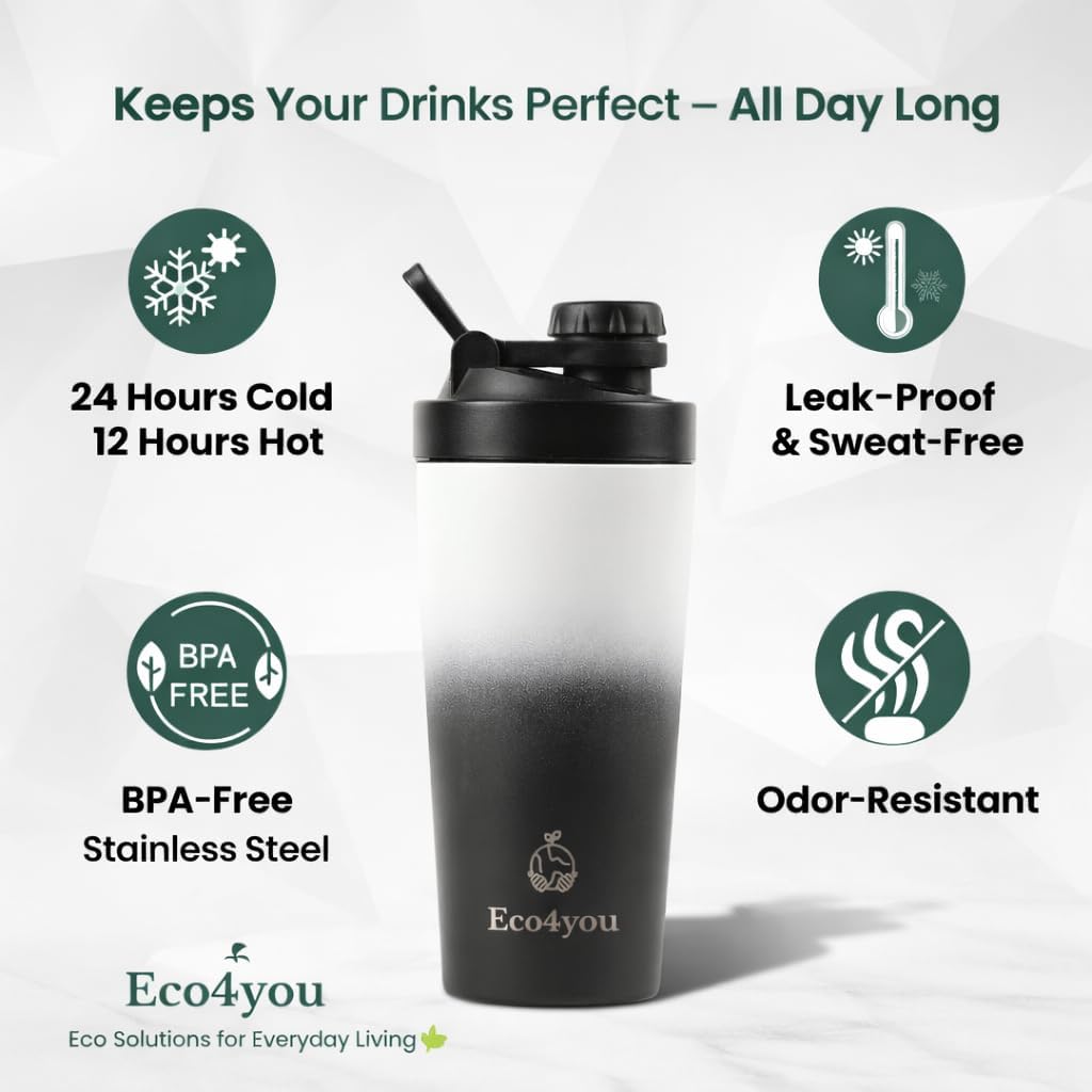 3-in-1 Stainless Steel Shaker Bottle, 23oz – Protein Shaker, Fruit & Tea Infuser, Water Bottle – Leakproof, Insulated, BPA-Free (Black/White)