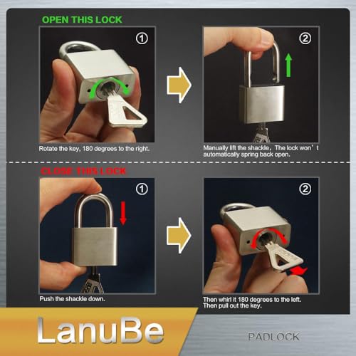 Image of Lanube 304 Stainless Steel keyed Alike Marine Small Padlocks for Outdoor use, 1-9 /16 inch Wide Body, Stainless Steel Body Long Shackle, Pack of 1