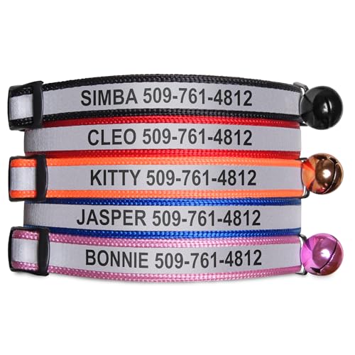 GoTags Reflective Cat Collar Personalized, Custom Cat Collar with Engraved Name and Phone Number, Safety Collar with Breakaway Release Buckle and Bell, Adjustable for Cats and Kitten 5 Colors