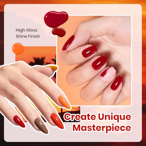 Image of Beetles Fall Gel Polish Set, 6 Colors 15ML Full Size Hema-Free Gel Polish | Burgundy Brown Dark Red Yellow Light Orange Kit Soak Off UV LED Hema Free DIY Home Salon Gifts for Women