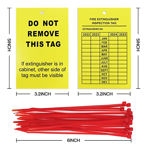 100 PCS Fire Extinguisher - Inspection Tag - [2022-2024] 4-Year Inspection Records - Monthly Fire ExtinguisherS Record Label - with 100 Adjustable Ties, 5 x 3.2 inch Yellow