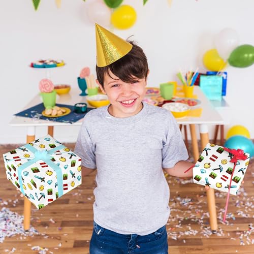 Cheerland Pixel Gift Wrapping Paper, Gaming Gift Wrap for Kids Boys, Gamer Birthday Party Supplies, 8 Bit Wrapping Paper with Swords Pickaxes Gems and Blocks, Video Game Party Gift Wrap 12 Pcs by Cheerland - Used condition - Image 5