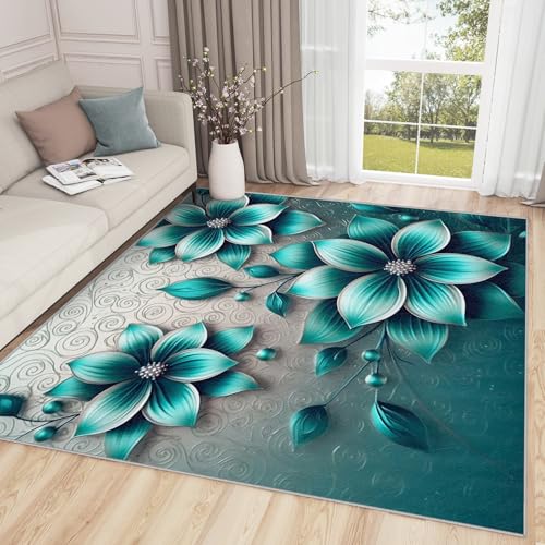 Tapete floral azul verdoso 5x7 moderno miniatura 2