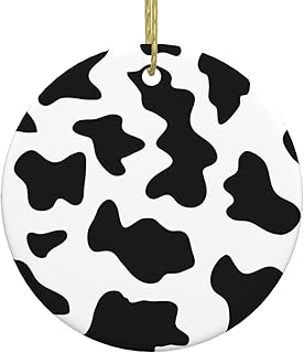 Black and White Cow Print Ceramic Christmas Tree Ornament - Festive Round Hanging Décor for Xmas, Holidays, Weddings & More