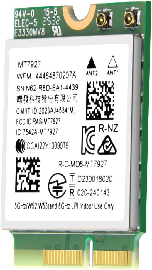 MT7927 WiFi 7 Card Tri-Band 802.11be Wireless Adapter, 2.4/5/6GHz with Bluetooth 5.4 MU-MIMO, WPA3, M.2 Key E for Windows 11 PC Laptop, Compatible with Intel & AMD Motherboard