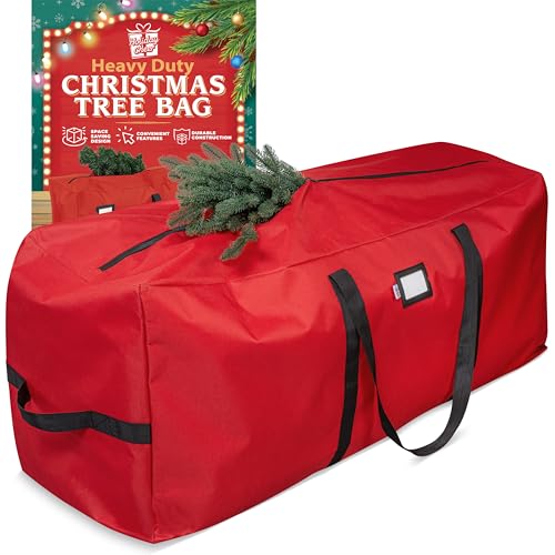 holiday cheer heavy duty artificial christmas tree storage bag fits up to 9ft tall, waterproof with durable handles & zipper xmas tree storage bag (red)