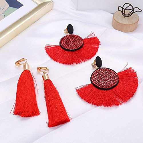 Udalyn 4 Pairs Tassel Earrings For Women Dangle Clip On Earrings Colorful Bohemian Tassel Earrings Statement Earrings Handmade Jewelry Gift Non Piercing Earrings For Sensitive Ears #TOP3
