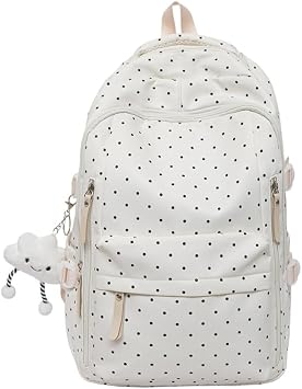 Cute Kawaii Backpack Polka Dot Backpack Aesthetic Daypack Nylon Coquette Back Pack with Cute Pandent White