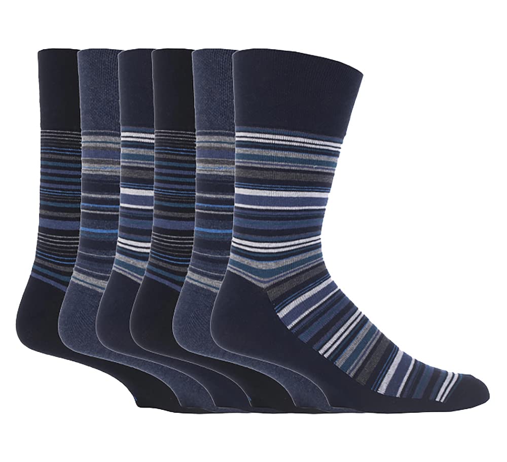 6 Pairs Men's Gentle Grip cotton rich Socks 7-12 usa Blue Multi Stripe MGG49