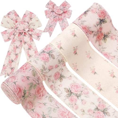 Generic 4 Rolls Pink Floral Wired Ribbon 2.5 Inch Vintage Rose Flower Ribbon for Bow Wreath Craft Gift Wrap Spring Summer Holiday Wedding Birthday Baby Shower Party Home Decor