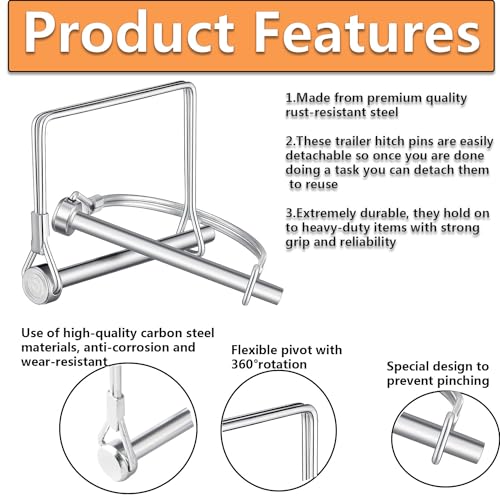 Trailer Pin,SpzcdZa 12pcs Square Pto Pin Shaft Locking Pin 1/4 pin Hitch pin Wire Lock Pin Safety Coupler Pin 1/4\" x 2-3/4\"for PTO,Farm,Lawn,Hitches,and Garden(Silver)