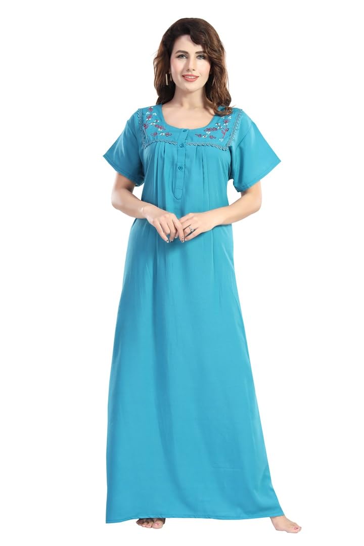Cotton Nighty for Women | Bamboo Fabric Night Dress with Pocket | Soft Floral Gown for Ladies | Comfortable Sleepwear Sapphire Blue-image-14