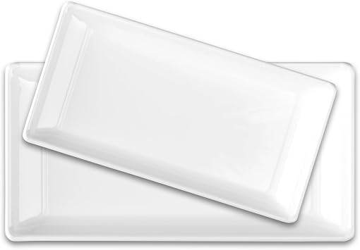Maison Neuve-Large Ceramic Rectangular Serving Platter Set With Pure White Design 2-Pack-14" and 12" Trays. Pure White Design