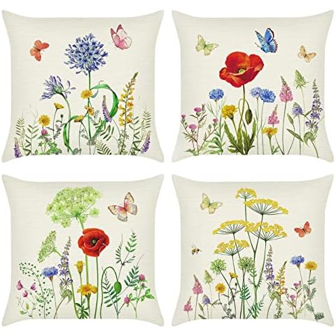 Bonhause 4er Set Kissenbezüge Blumen 45 x 45 cm Schmetterling Garten Polyester Leinen Dekorative Kissenhülle Zierkissenbezüge Cover